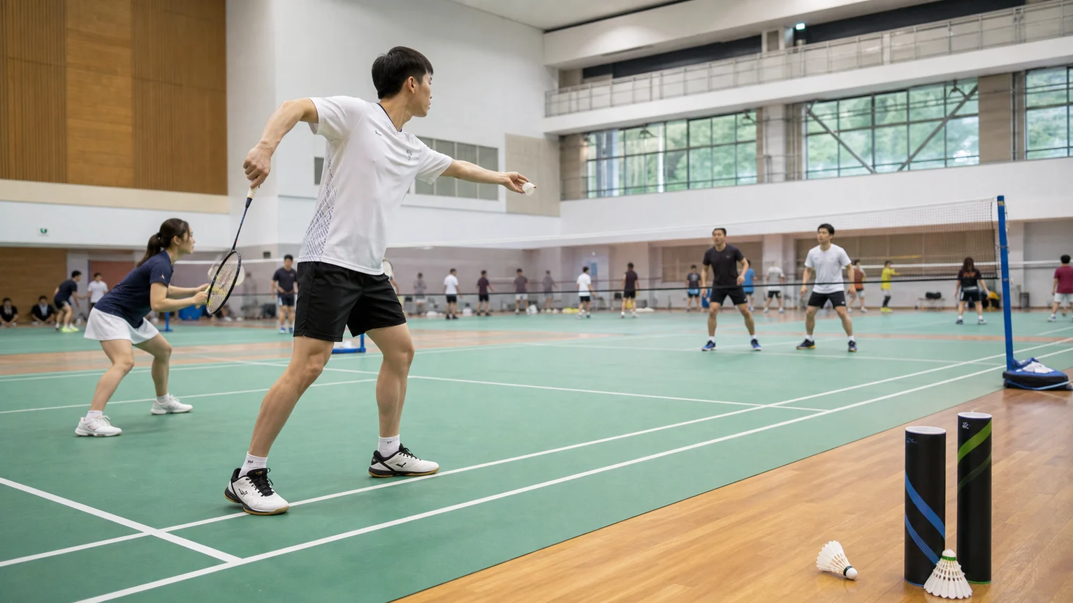 Clean indoor badminton court with players warming up