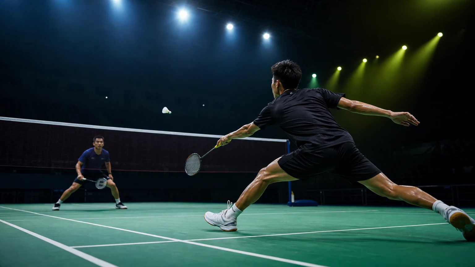 Badminton players competing under arena lights