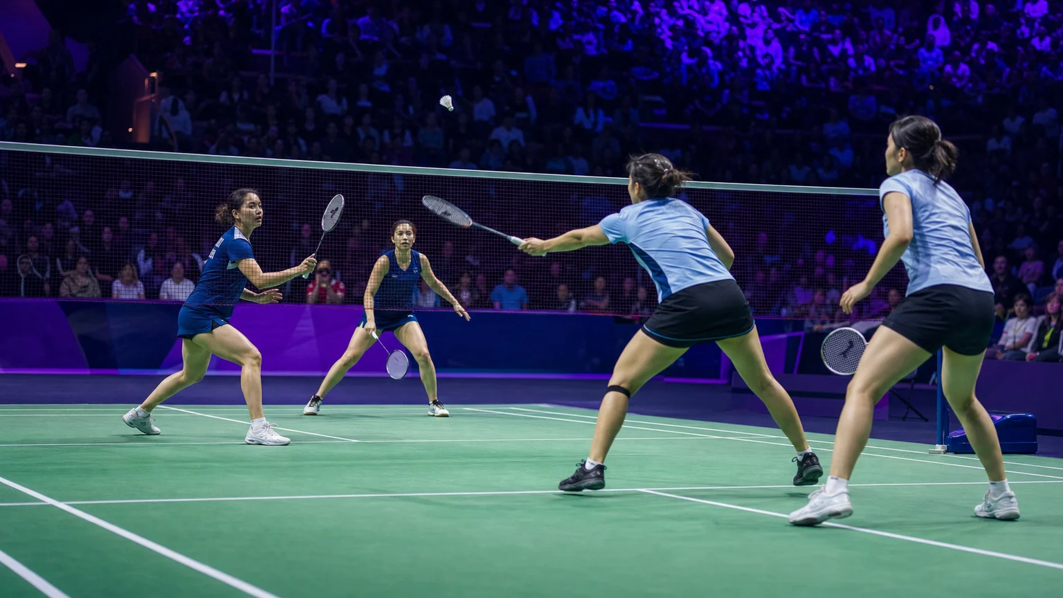 Mixed doubles badminton match in a packed arena
