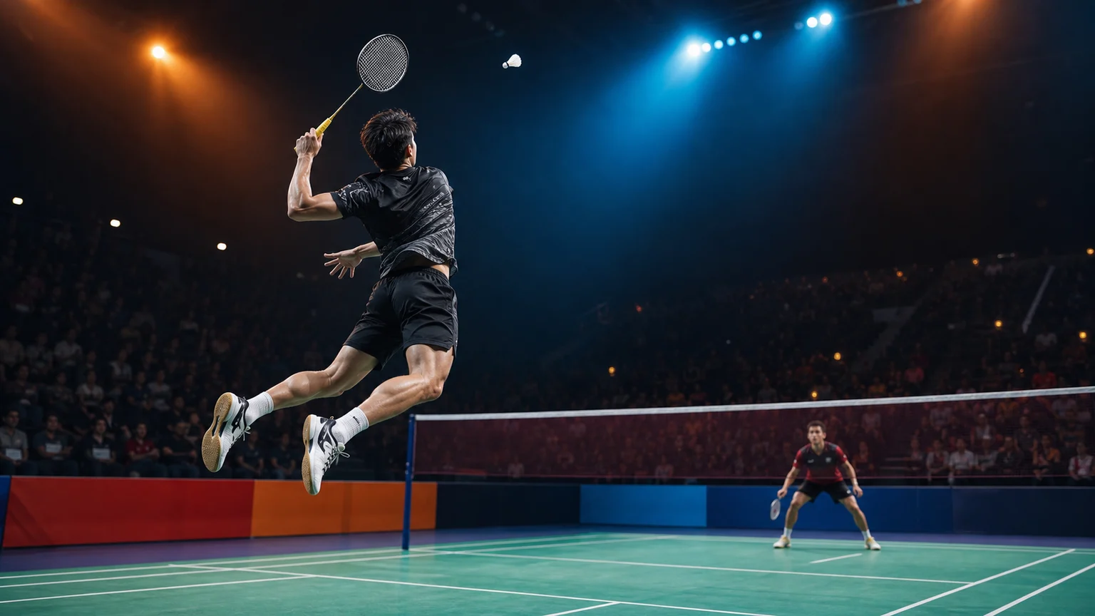 Badminton player reaching for a fast attacking shot